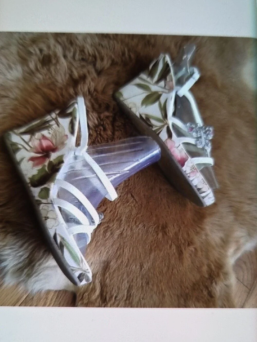 White Floral Wedge Sandals with Crystal Accent